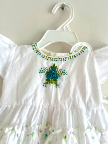 Annie Dress: White Cotton Floral Hand Embroidered Dress and Bloomers S  Mini Maana