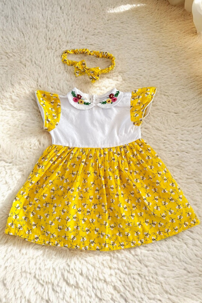 mustard yellow dress for baby Quinn Dress: Yellow Mul Cotton Printed Dress for Baby Girls– Mini Maana